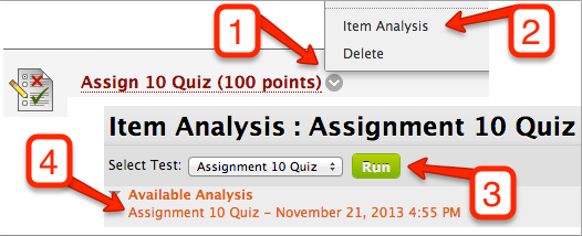 Where to find Item Analysis in the Blackboard interface.