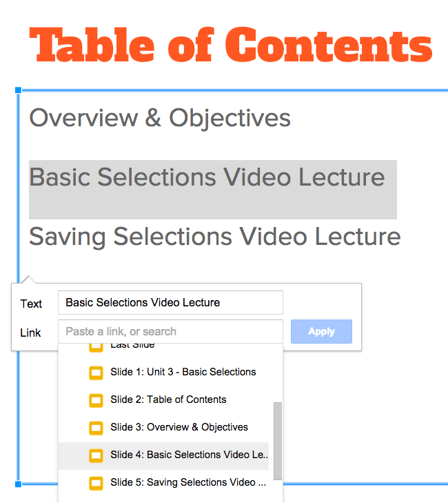 A screenshot of a ToC added to a slide presentation