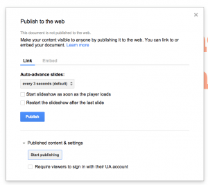 A screenshot of the "Publish to the web" option in Google Slides