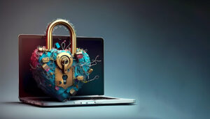 A computer with a heart locket over it -- symbolizing security of personal information