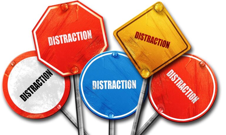 3D rendering of a collection of street signs that say distraction