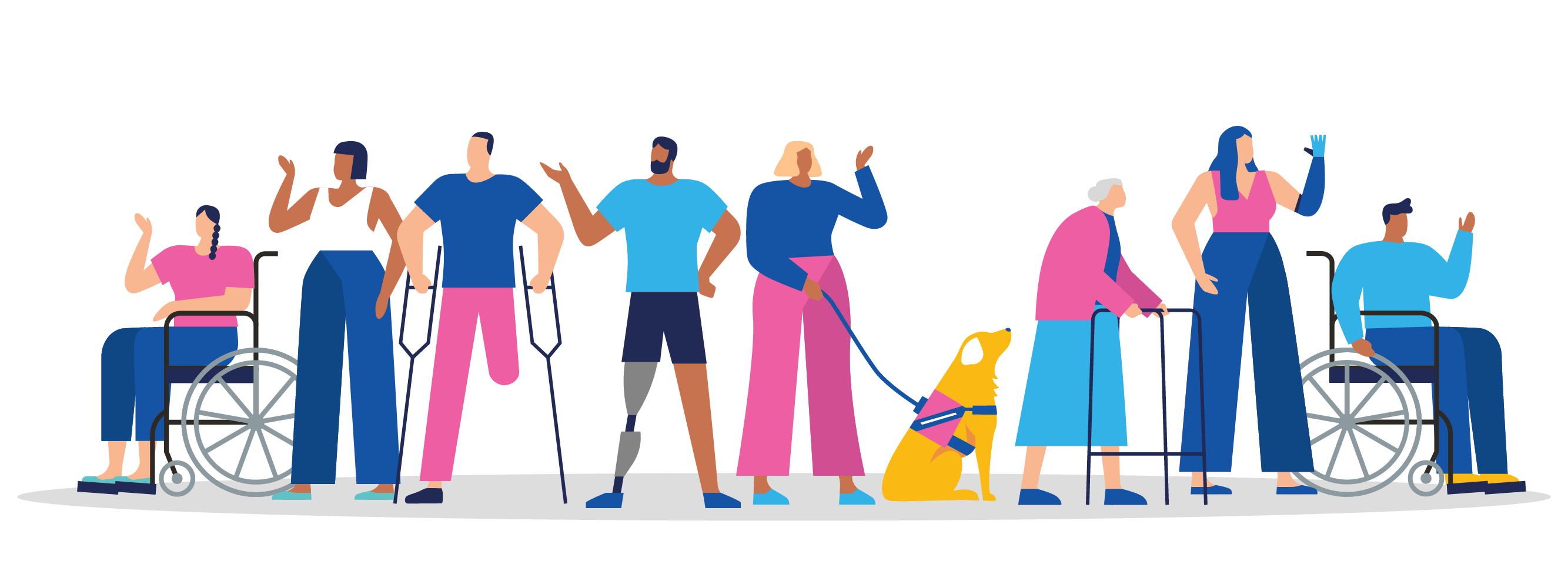 An illustrated group of individuals with different accessibility needs