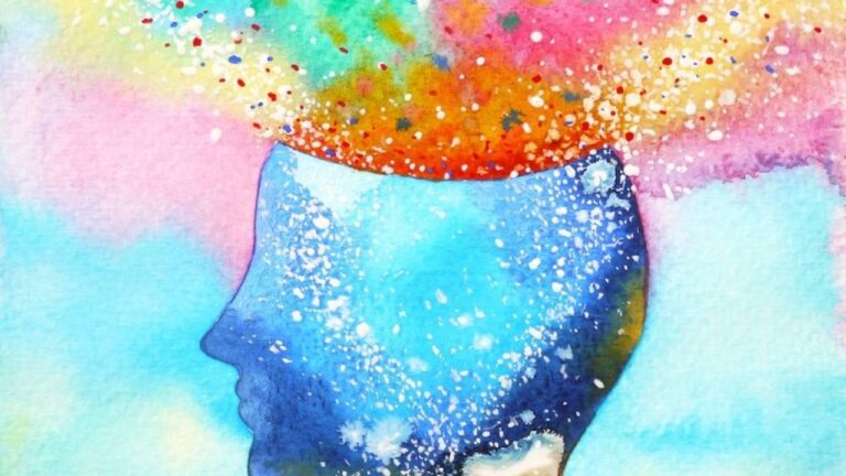 A watercolor sketch of a blue stylized human head with rainbow-colored confetti coming out off the top