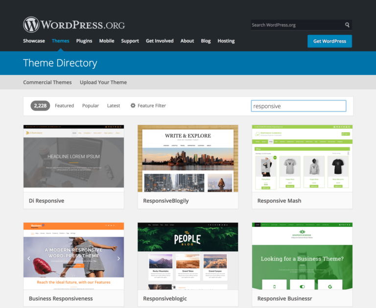 A screen capture of the Wordpress theme directory