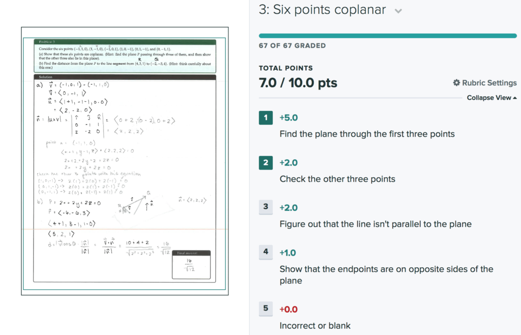 The Gradescope instructor dashboard, showing handwritten work and the rubric-based scoring system.