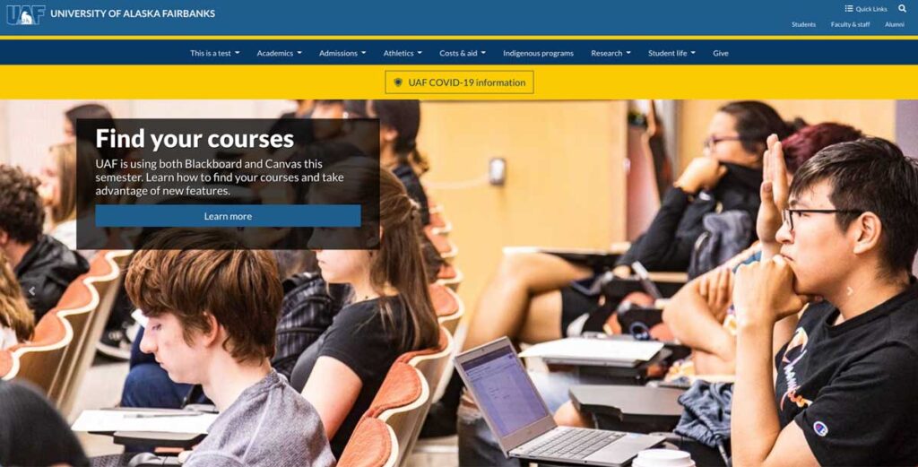 A screenshot of the UAF website homepage