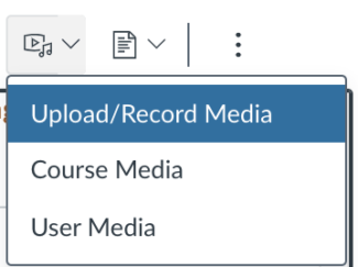 Screenshot showing the video/sound icon and its dropdown options: Upload/record media, Course media, User media.