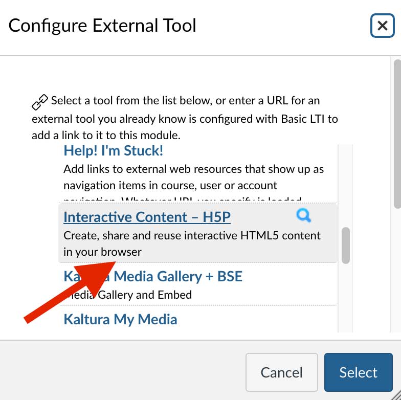 Screenshot of Canvas with a red arrow pointing to the Interactive Content - H5P option.