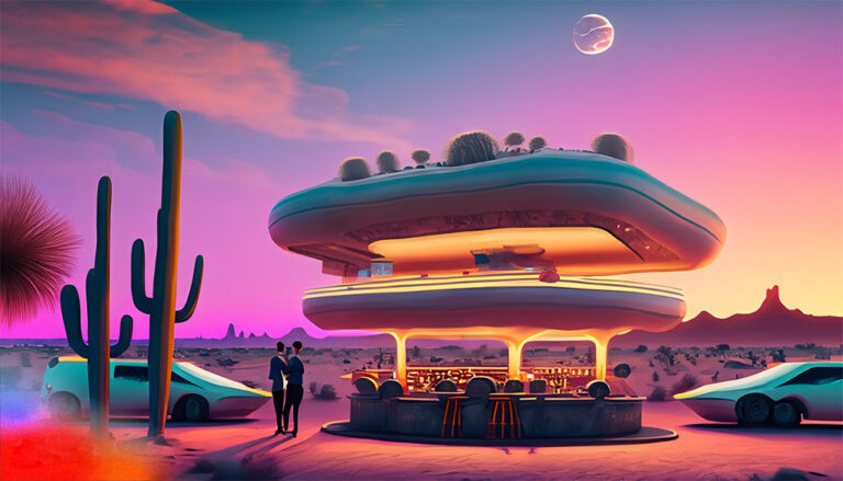 An AI-generated image of a futuristic diner out in the desert at sunset.