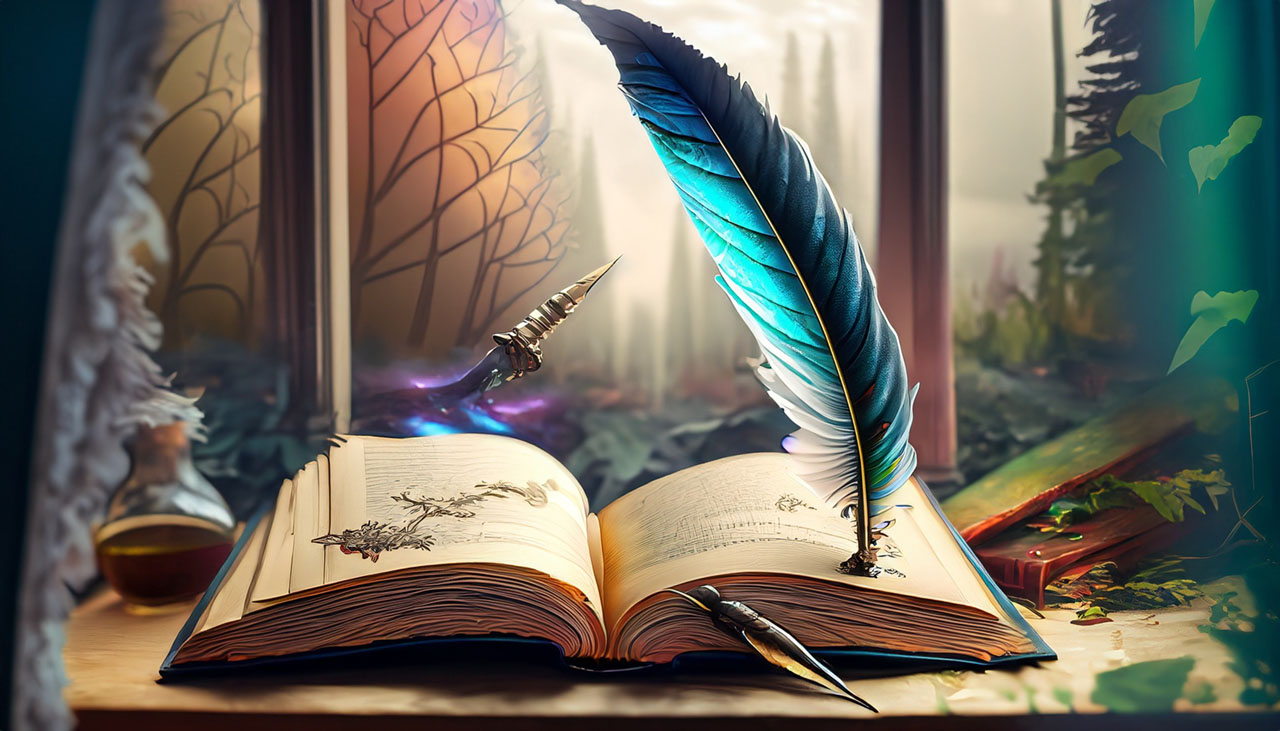 A quill pen is writing a story on a page of an open book, as if by magic. The book lays open in front of a window with a view of a fantastical forest of many colors.