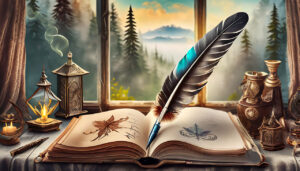 An illustrated scene of a book in front of a window that looks out onto a forest.