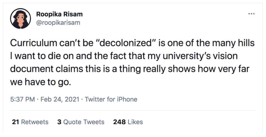 A tweet by Roopika Risam on decolonizing curricula.