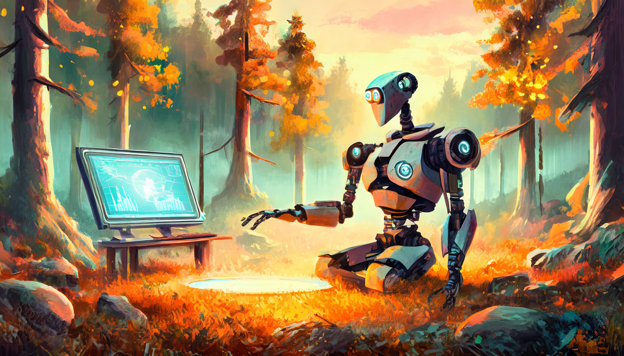 A robot kneeling in front of a glowing screen that is situated in the center of a clearing in the woods surrounded by a boreal forest.