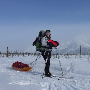 Moss skiing in the winter with a sled and a pack