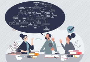 An illustration-style image of instructors chatting about a concept map.