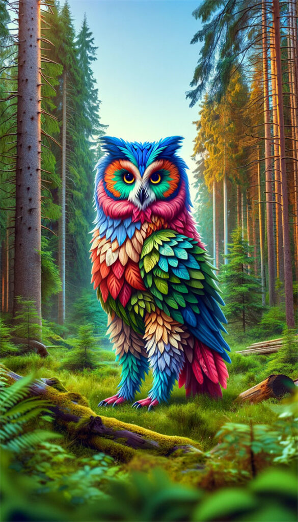 A colorful owl bear on its hind legs in a boreal forest as rendered by DALL-E