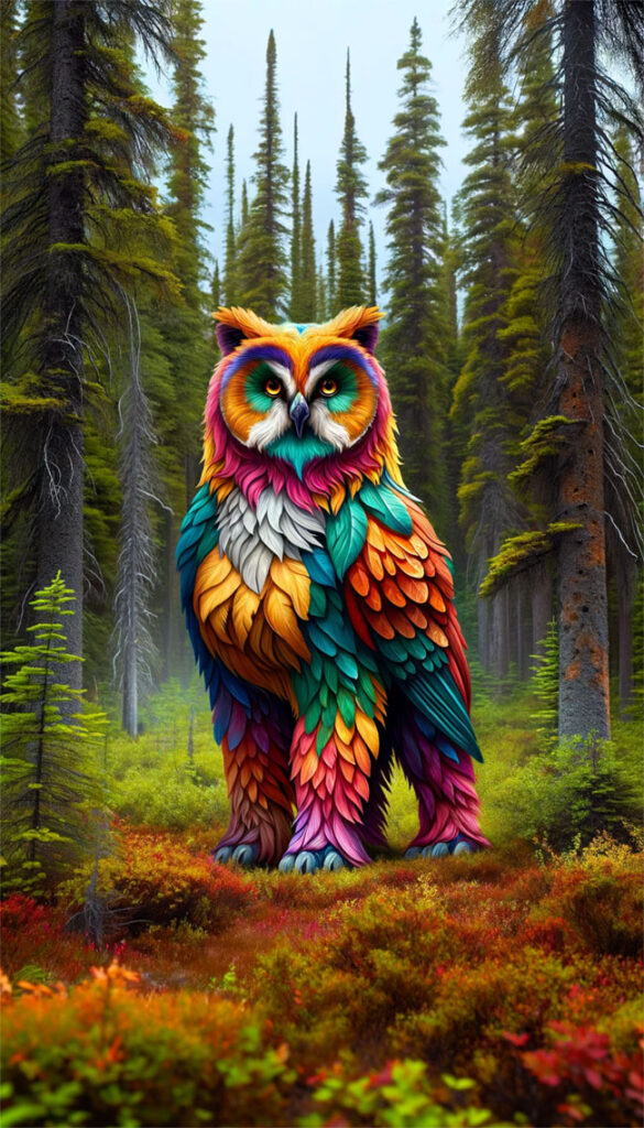 A colorful owl bear on its hind legs in a boreal forest as rendered by DALL-E