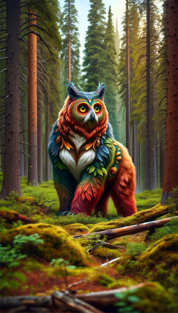 A colorful owl bear on its hind legs (with a body more like a bear and less like an owl) in a boreal forest as rendered by DALL-E