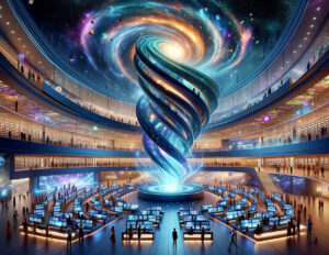Envision a futuristic library space designed as a whirlwind of information, where the top of the whirlwind opens into a breathtaking galaxy. This library combines the essence of science fiction with vibrant energy, with a dynamic, spiraling structure where streams of digital data and holographic images swirl around, ascending into a galaxy above. The base of the whirlwind is bustling with people of diverse appearances engaging with the information vortex, using tablets, interacting with holographic projections, and reading books floating in the energy stream. The scene is charged with colorful energy pulses, and the architecture supports this fluid motion with transparent materials and curved lines that enhance the sensation of movement and the flow of knowledge into the cosmos. This setting represents a bridge between the knowledge of humanity and the infinite possibilities of the universe, where learning is an immersive, visually striking experience.