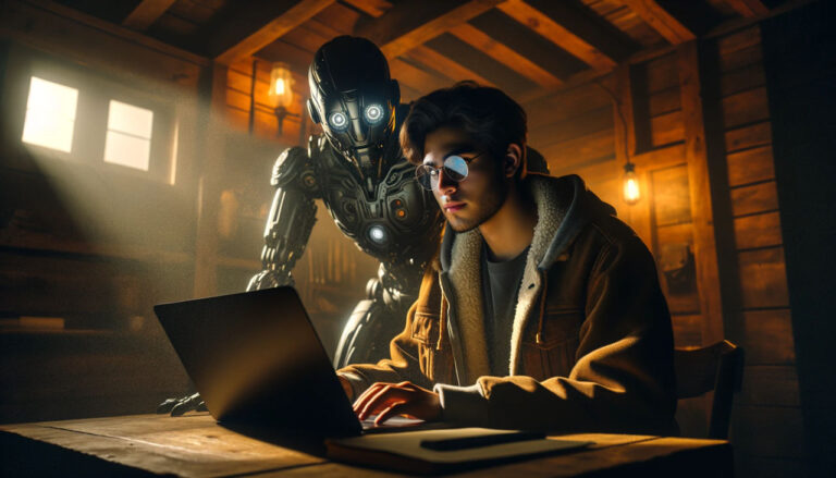 A student working on a laptop in a cabin while a humanoid robot leans over his shoulder.