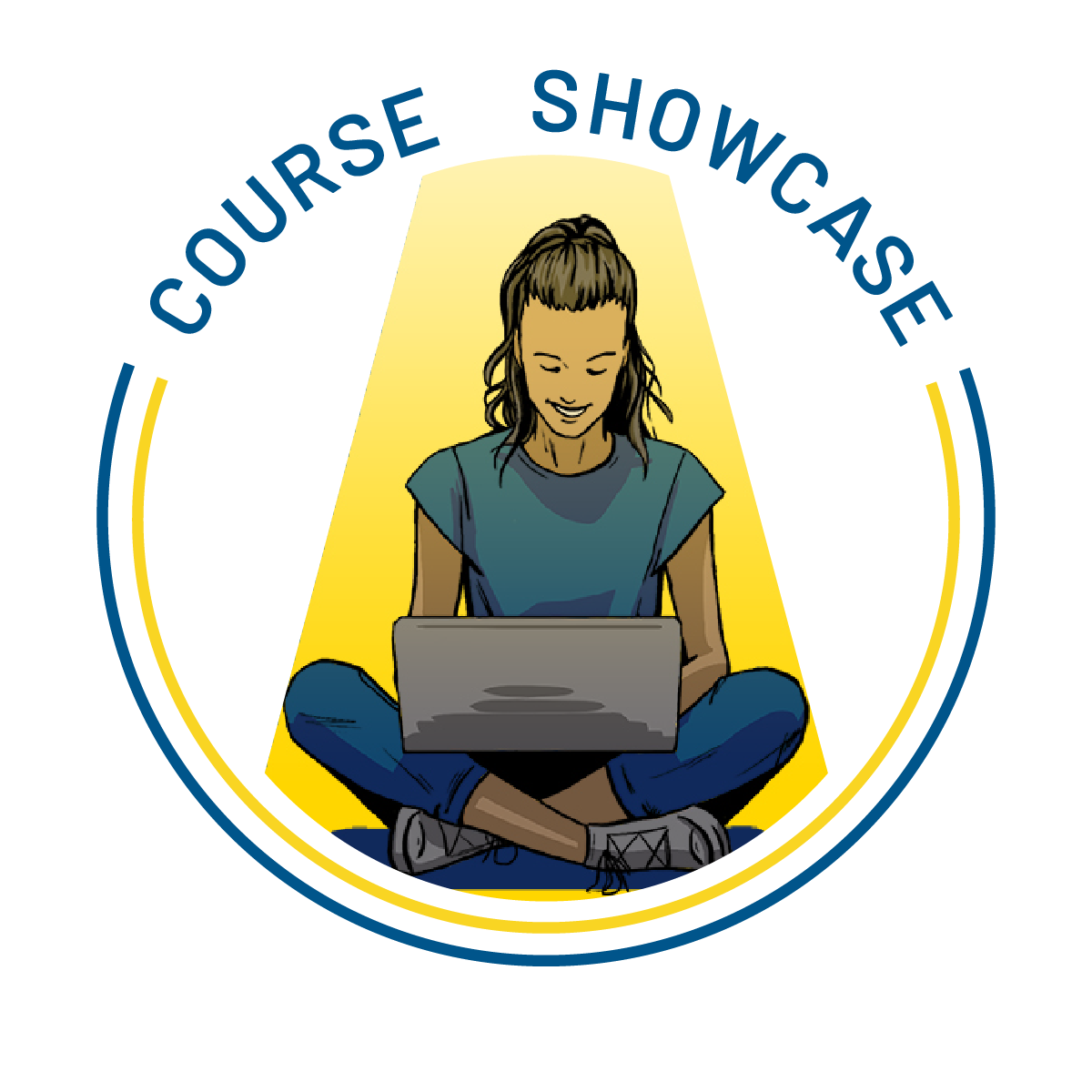 The Course Showcase logo featuring a girl siting cross-legged, with a laptop on her lap.