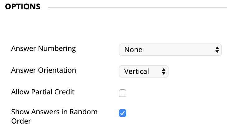 A screenshot of where to set the option to randomize answers in Blackboard.