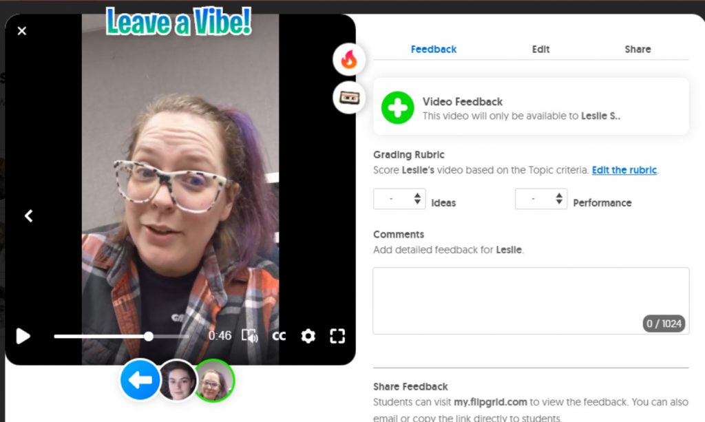 A woman wearing glasses in a video frame on the left with "Leave a Vibe!" above her head. On the right, feedback panel is open for people to score and comment on video.