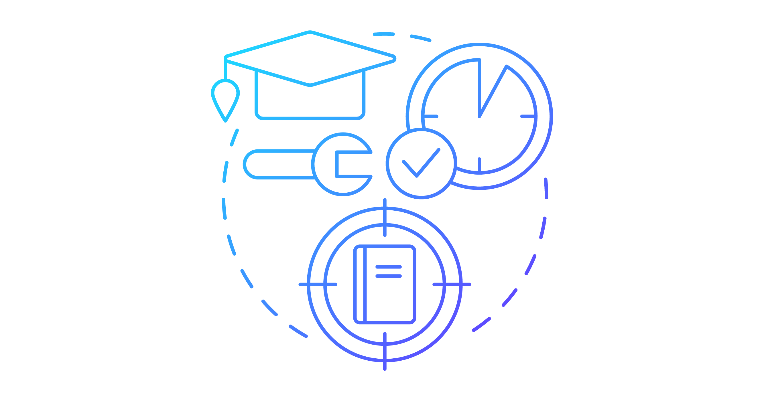 line ar with icons depicting a mortarboard, a clock, a wrench, and a book.