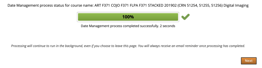 "Date Management process status" success screen