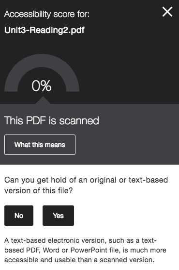 accessibility score for a PDF is shown as an image with the question "can you get hold of an original or text-based version of this file?"