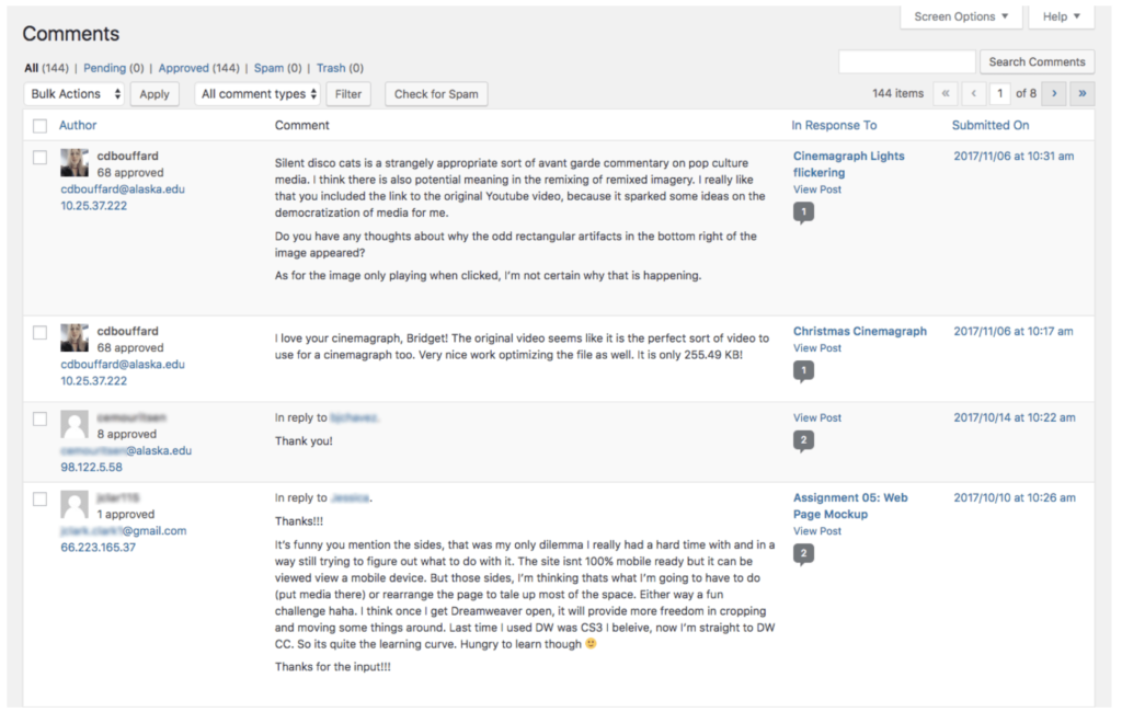 A screenshot of comments in WordPress
