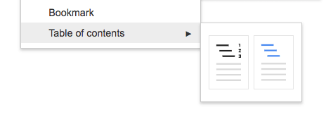 A screenshot of where to find the option to insert a table of contents into a Google Doc.