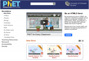 A screenshot of the PHET homepage