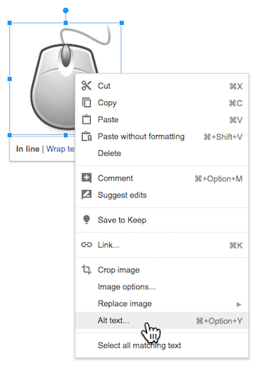 A screenshot showing the context menu within a Google Doc, where one can add ALT text for an image.