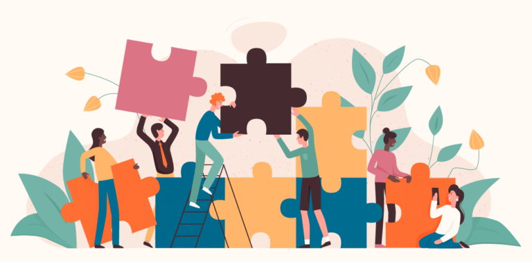 Illustrated people moving multi-color puzzle pieces around a stylized environment.