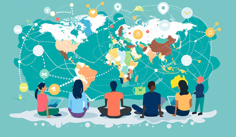 A stylized illustration of diverse-looking students sitting cross-legged in front of a world map.