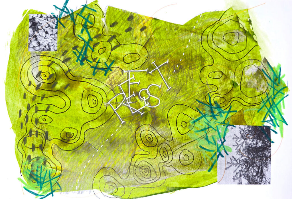 A collage landscape in green with topo lines drawn in marker