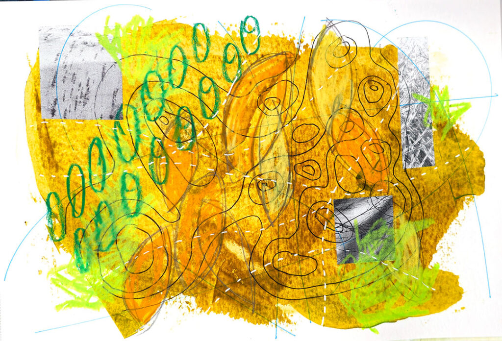 A green and orange collage with lines drawn with crayon and marker.