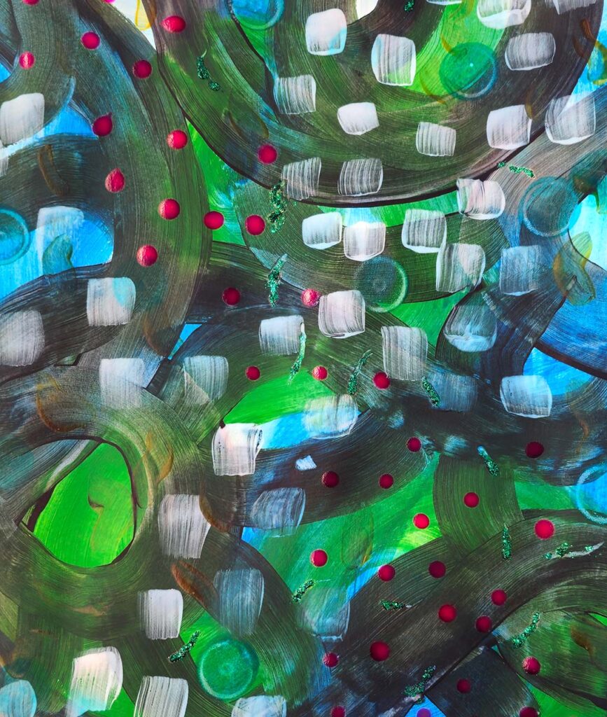 An abstract painting with paint strokes in blues, greens and whites, with red accent dots.