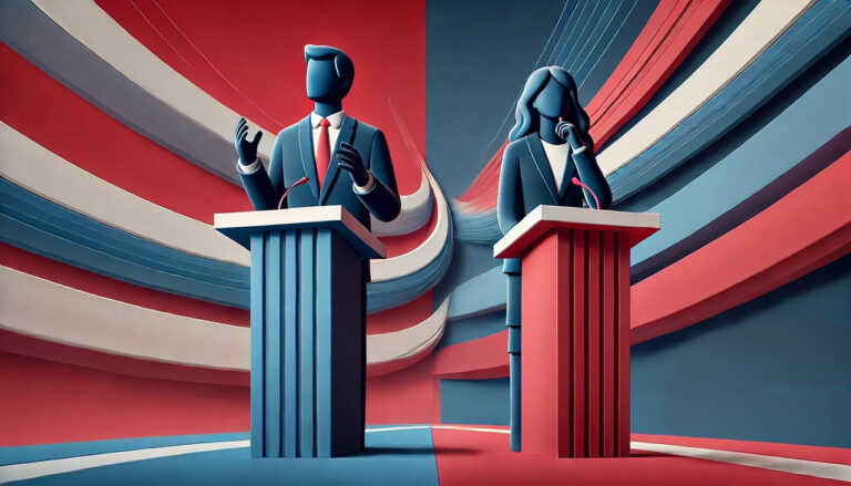 An illustration of two stylized politicians standing behind podiums. The composition is colored in red, white, and blue.