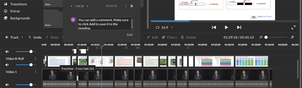 A screenshot of the dialogue box that appears where you can type your comment. Make sure to click add to save your comment to the timeline.