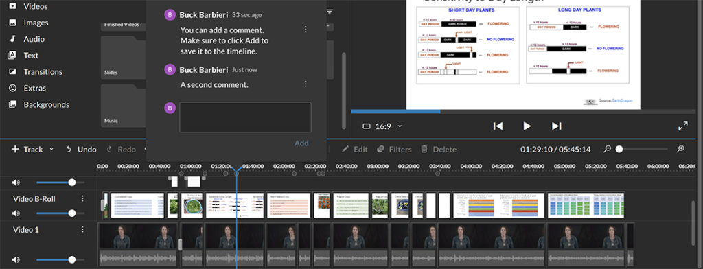 A screenshot of the WeVideo interface with multiple comments on a timeline.