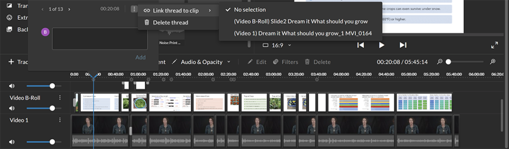 A screenshot of the WeVideo interface and how to link a thread to a clip.