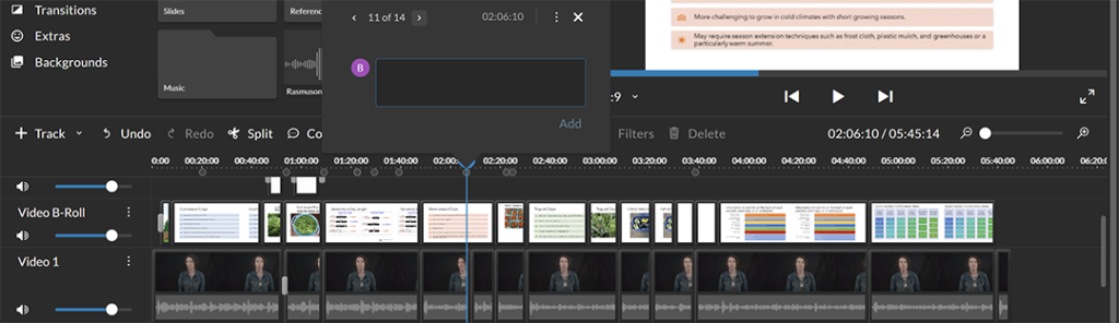 A screenshot of WeVideo showing how to jump forward or back to different markers.