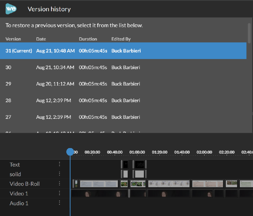 A screenshot of WeVideo's Version history screen.