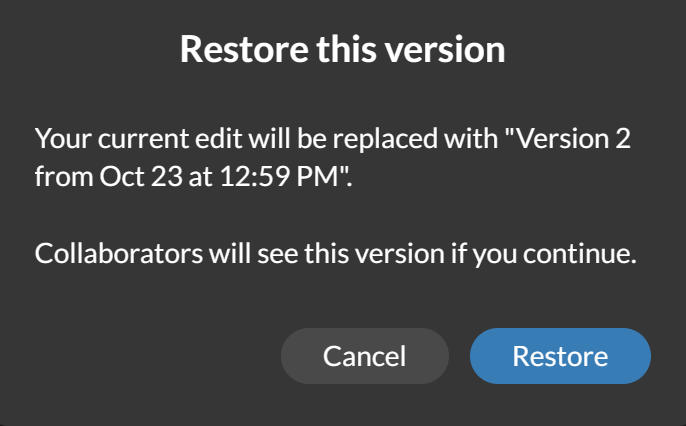 A screenshot of the "Restore this version" notice window.