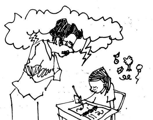 A doodle of an adult male hovering like a thundercloud over a young person sitting at a desk writing.