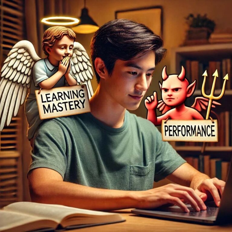 A student typing on a laptop with an angle of learning mastery on the right shoulder, and the devil of performance on the left shoulder.