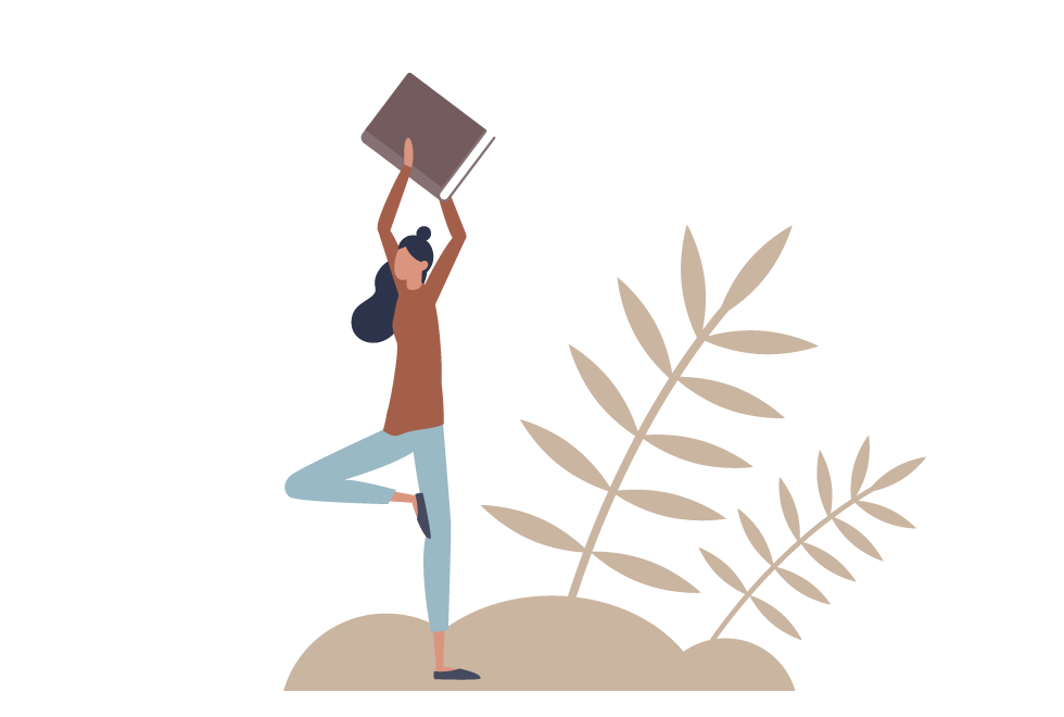 A stylized woman standing in pigeon pose, holding a book over her head