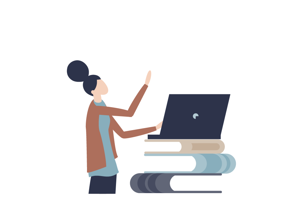 A stylized female gesturing with her hands and typing on a laptop that is sitting on a stack of books.